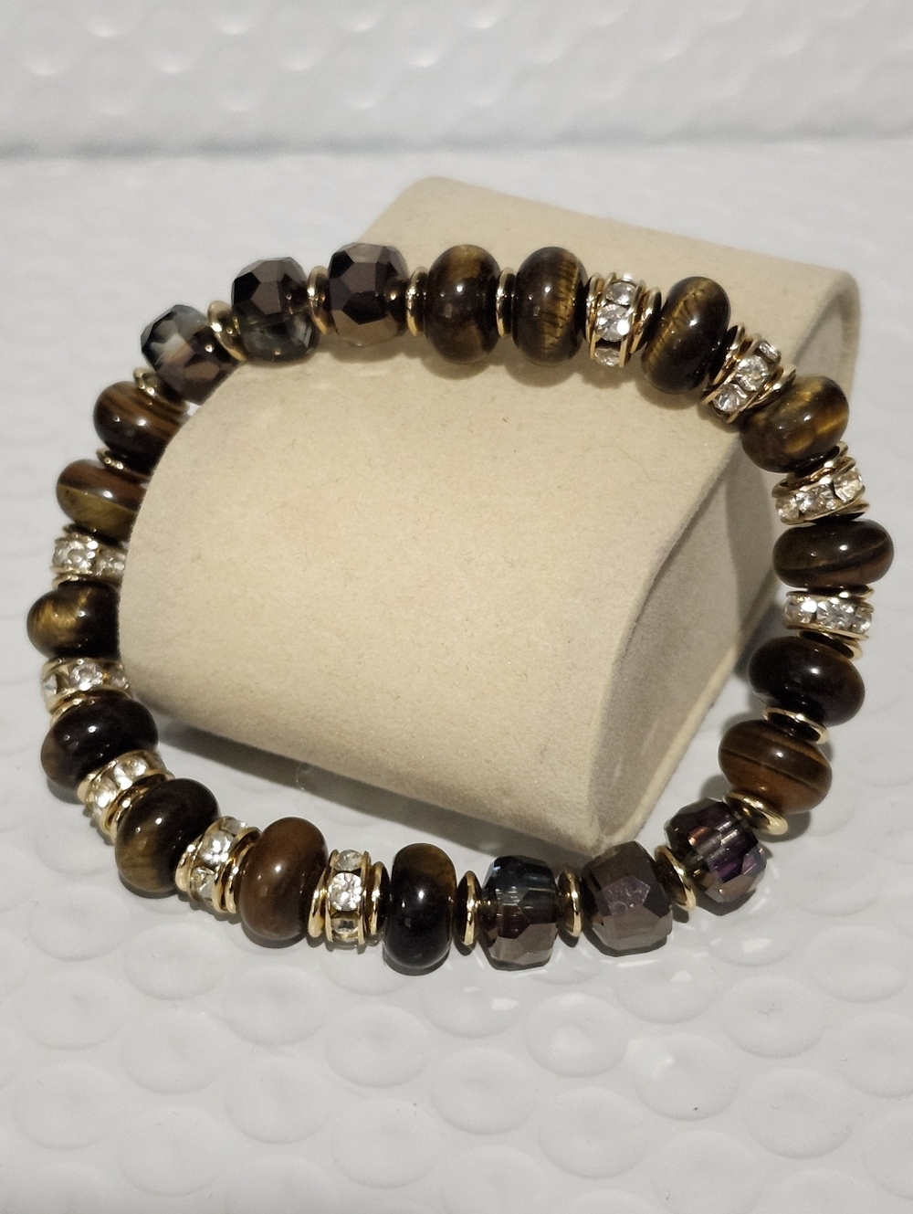 Chico's Tiger Eye Beaded Stretch Bracelet with Crystal Accents